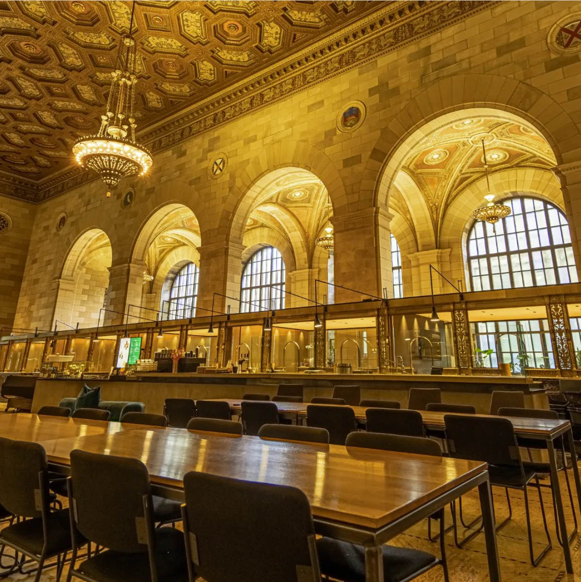 Grand banking hall with arched windows